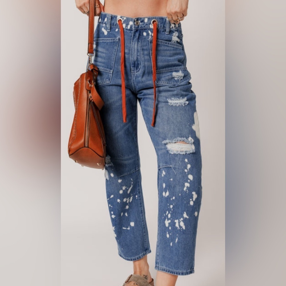 Blue Distressed Ankle Jeans with Drawstring